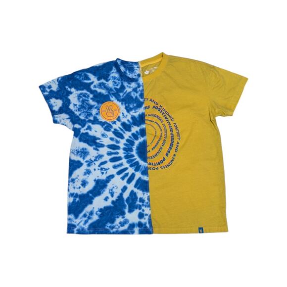 Dutch Bros Coffee Tee Shirt Yellow Blue Tie Dye Asymmetrical Split Large Hippie - Picture 1 of 5